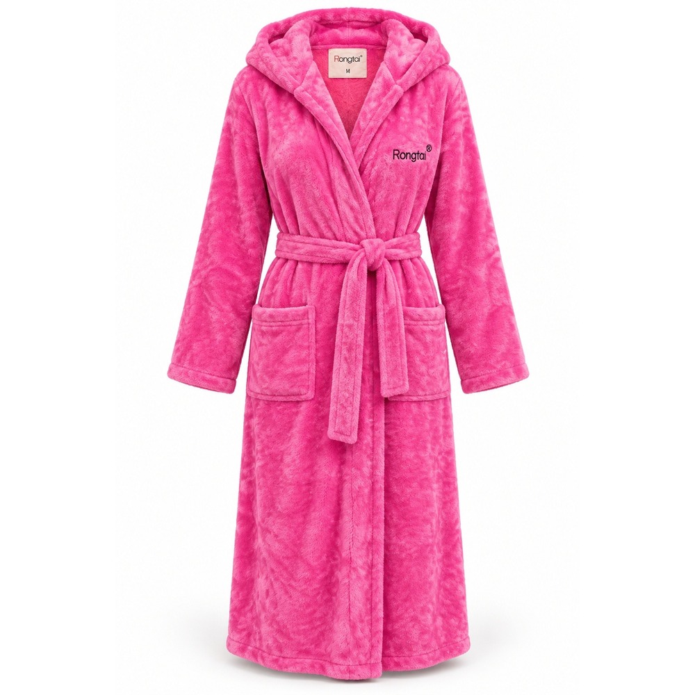 Rongtai Women's Plush Hooded Bathrobe Size M – Bright Pink with Belt & Pockets